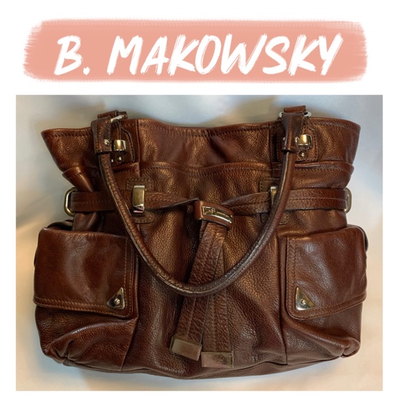 B Makowsky Brown Genuine Leather Bag with Leopard Print Interior! - Picture 1 of 9